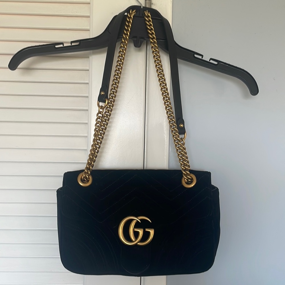 Gucci velvet bag, crossbody, chevron design, gold hardware, excellent condition
